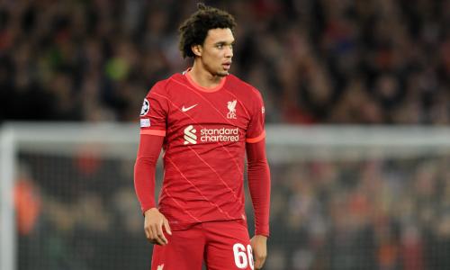 Trent Alexander-Arnold playing for Liverpool in a Champions League game at Anfield against Atletico Madrid.