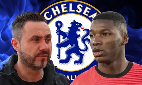 Roberto De Zerbi, Moises Caicedo and the Chelsea badge on a background of blue flames