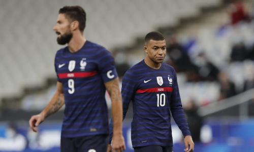 Olivier Giroud and Kylian Mbappe in a Euro 2020 warm-up game, France, 2021