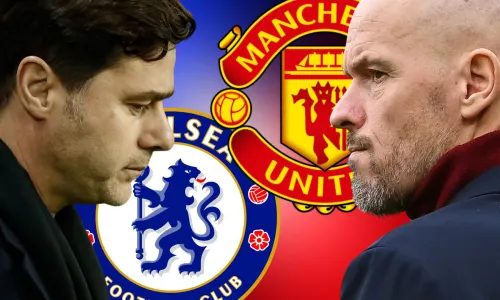 Mauricio Pochettino and Erik ten Hag, and the Chelsea and Manchester United badges on a blue and red abstract background