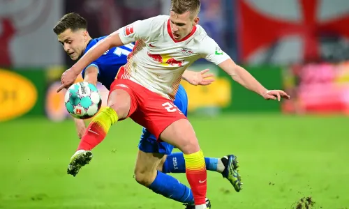 Dani Olmo holds up the ball for RB Leipzig in the Bundesliga