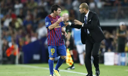 Pep Guardiola and Lionel Messi in Barcelona