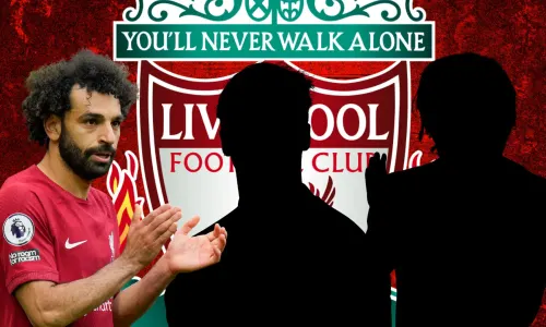 Mo Salah and silhouettes of Caoimhin Kelleher and Trent Alexander-Arnold, in front of the Liverpool badge set against an abstract red background