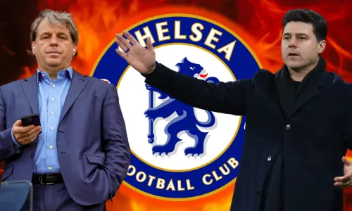 Todd Boehly and Mauricio Pochettino either side of the Chelsea badge, in front of a background of fire