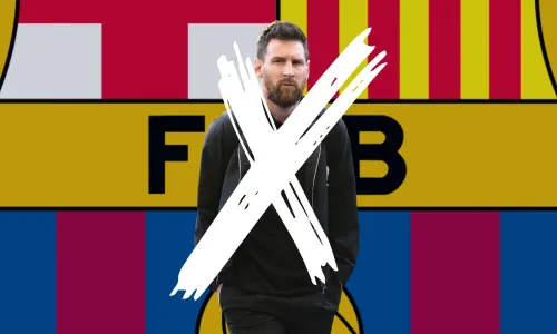 Lionel Messi, X-ed out, in front of the Barcelona badge as a background