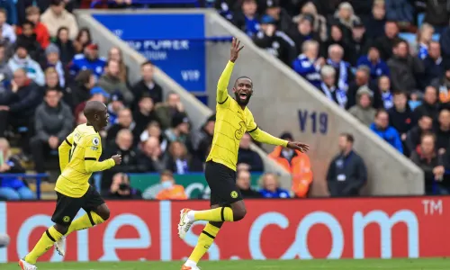 Antonio Rudiger celebrates scoring for Chelsea against Leicester