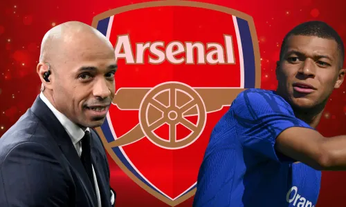 Thierry Henry, Kylian Mbappe and the Arsenal badge on a red abstract background
