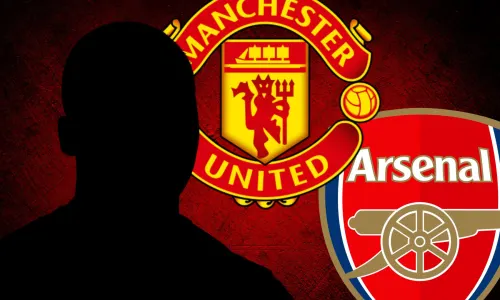 A black silhouette of Moises Caicedo with the Manchester United and Arsenal badges, set against a red and black abstract background