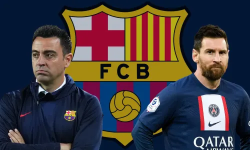 Xavi and Lionel Messi with the Barcelona badge