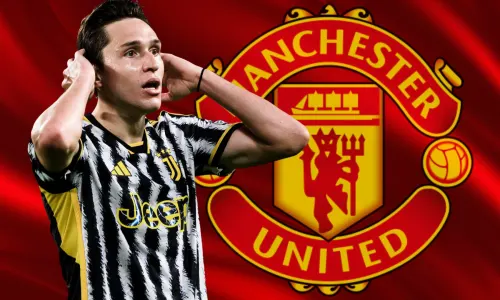 Federico Chiesa and the Manchester United badge on a red abstract background