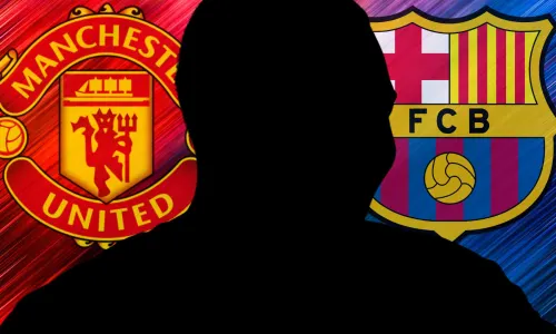 A silhouette of Vitor Roque between the Manchester United and Barcelona badges, on a red and blue abstract background