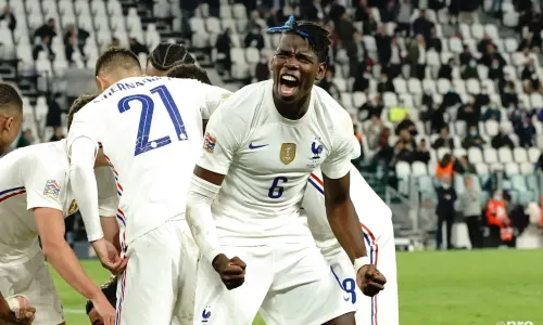 Man Utd midfielder Paul Pogba celebrates a goal for France in the 2021 Nations League