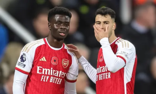 Bukayo Saka and Gabriel Martinelli in Premier League action for Arsenal