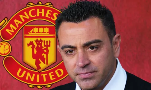 A headshot of Xavi next to the Manchester badge, set against a blurred abstract red background