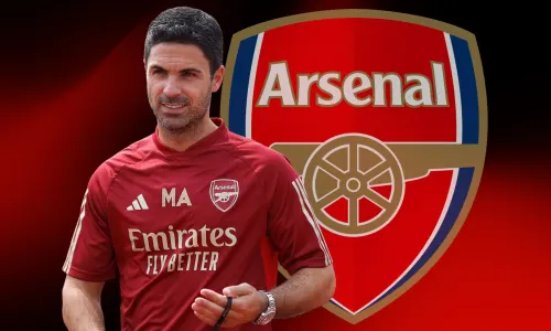 Mikel Arteta and the Arsenal badge on a red and black abstract background