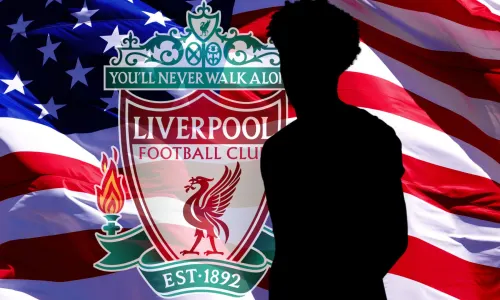 The Liverpool badge and a silhouette of Tyler Adams on a background of the flag of the USA