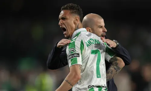 On-loan Man Utd winger Antony celebrates Real Betis' win over Sevilla, 2024/25