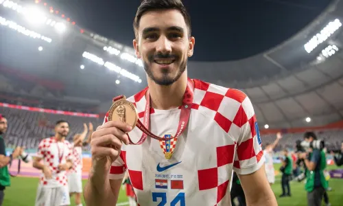 Josip Sutalo of Dinamo Zagreb and Croatia celebrates with his third place medal at the World Cup 2022
