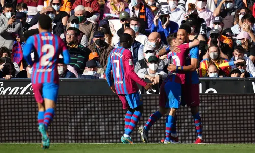 Aubameyang celebrates scoring for Barcelona, 2021/22