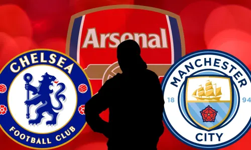 A black silhouette of Ethan Nwaneri in front of the Arsenal, Chelsea and Manchester City badges, set against a red abstract background