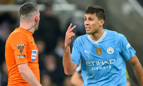 Rodri argues with a referee during Manchester City v Newcastle in the Premier League, 2023/24