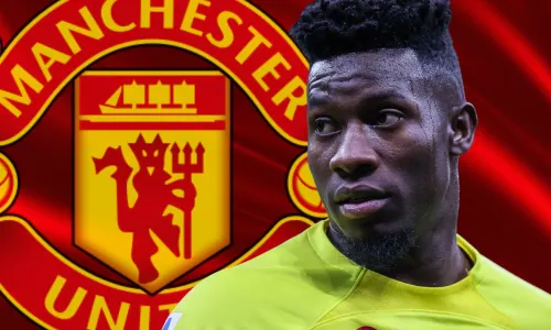 Andre Onana and the Manchester United badge on a red abstract background