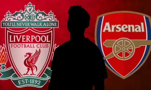 A black silhouette of Jesper Lindstrom with the Liverpool and Arsenal badges on a red abstract background