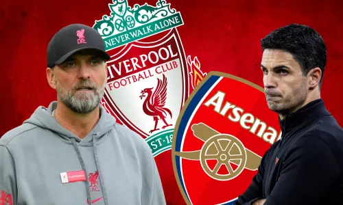 Jurgen Klopp and Mikel Arteta with the Liverpool and Arsenal badges, set against an abstract red background