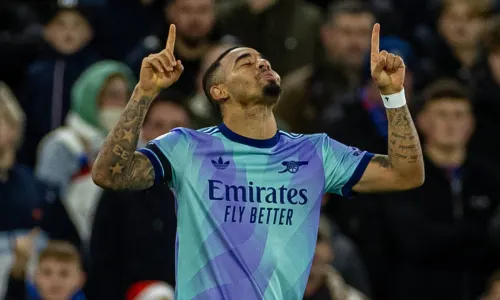 Gabriel Jesus celebrates scoring his first Premier League goal of the season for Arsenal against Crystal Palace