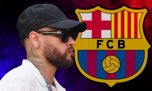 Neymar next to the Barcelona badge, set against an abstract blue and red smoky background