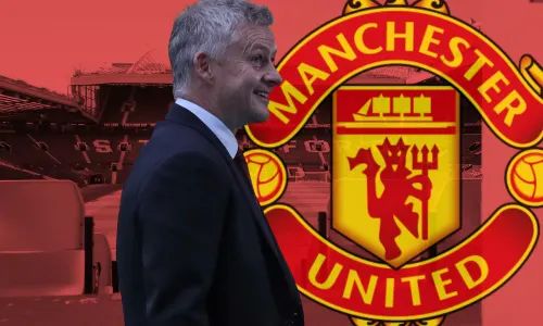 Ole Gunnar Solskjaer and the Manchester United badge, set against a panorama of Old Trafford in red
