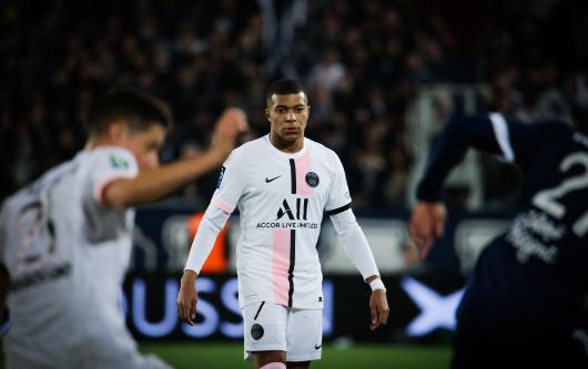 Kylian Mbappe playing for PSG against Bordeaux