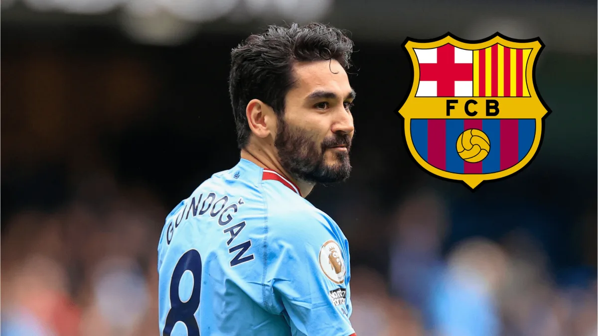 Ilkay Gundogan of Manchester City, next to the Barcelona badge