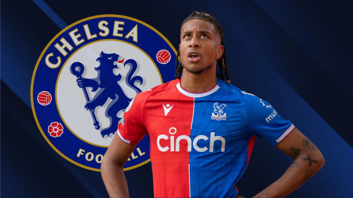 Michael Olise and the Chelsea badge on a dark blue abstract background