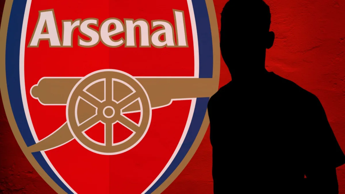A silhouette of Folarin Balogun next to the Arsenal badge, set against an abstract red background