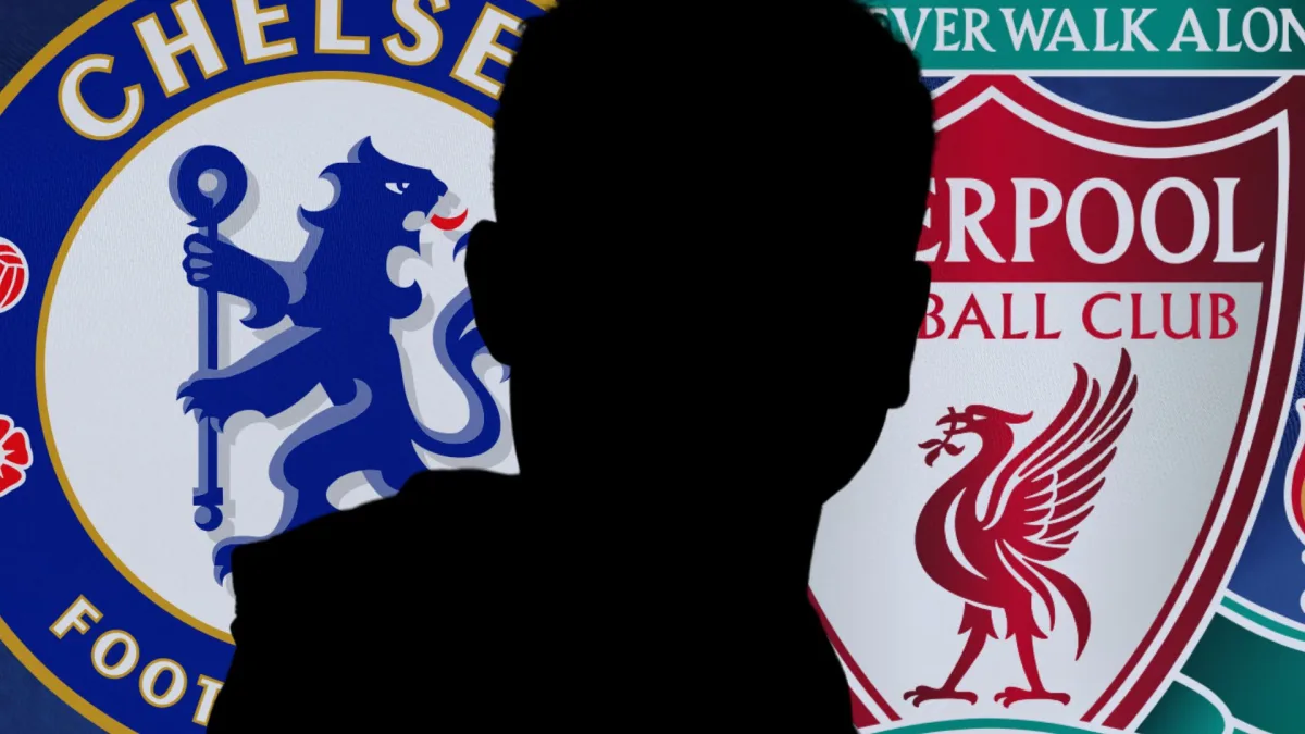 A silhouette of Levi Colwill with the Chelsea and Liverpool badges, on a blue abstract background