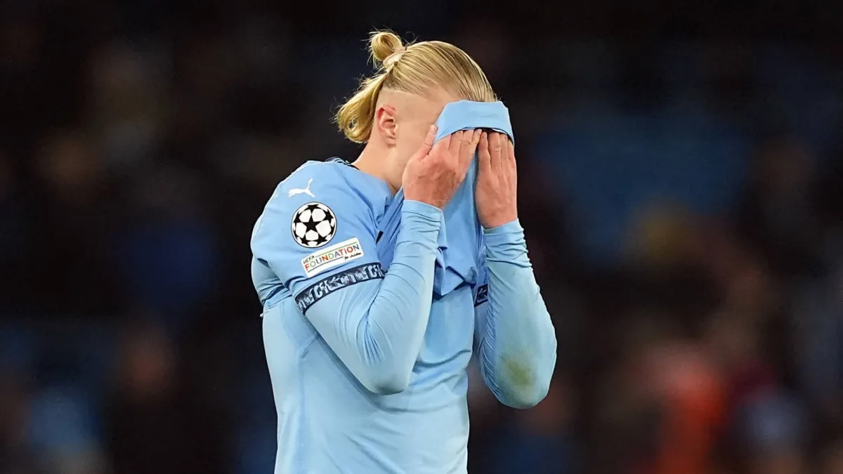 Erling Haaland reacts during Man City's Champions League draw with Feyenoord