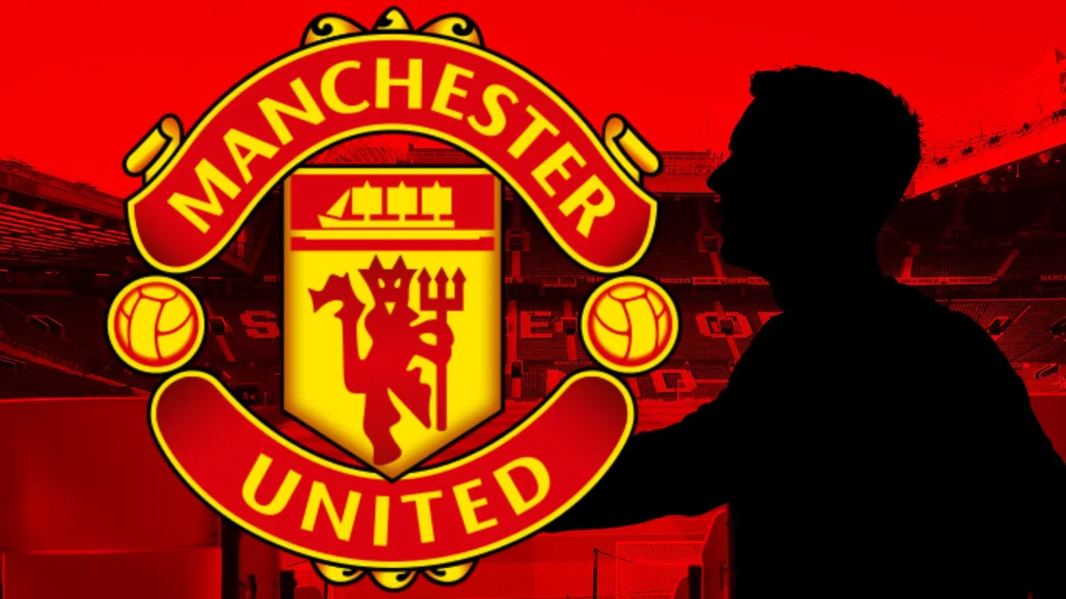 A black silhouette of Dean Henderson next to the Manchester United badge, set against a backdrop of a panorama of Old Trafford in red and black