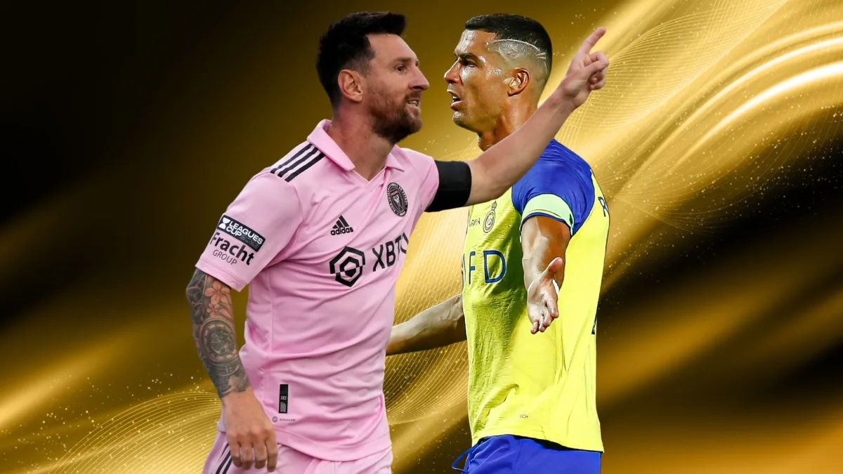 Lionel Messi and Cristiano Ronaldo on a gold abstract background