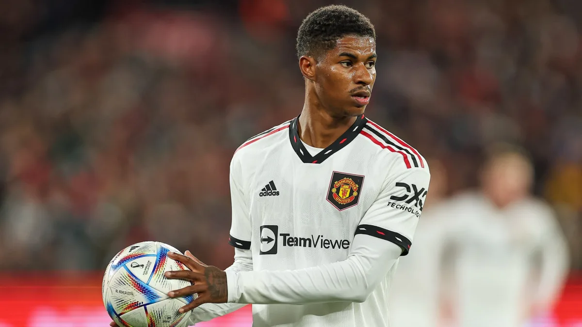 Marcus Rashford playing for Manchester United in the Champions League.