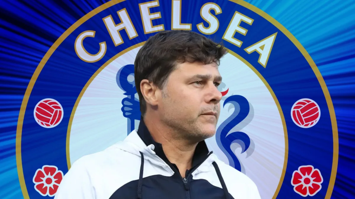 Mauricio Pochettino and the Chelsea badge on a blue abstract background