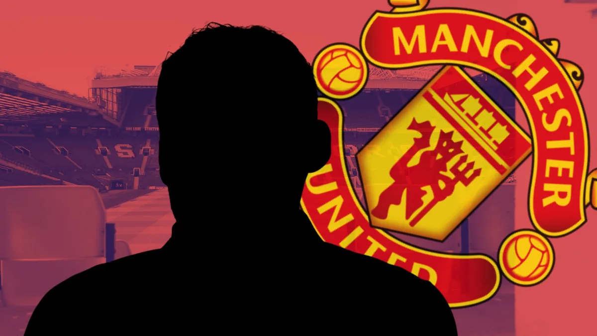 A black silhouette of Daley Blind in front of a tilted Manchester United badge, set against a backdrop of a panorama of Old Trafford in red