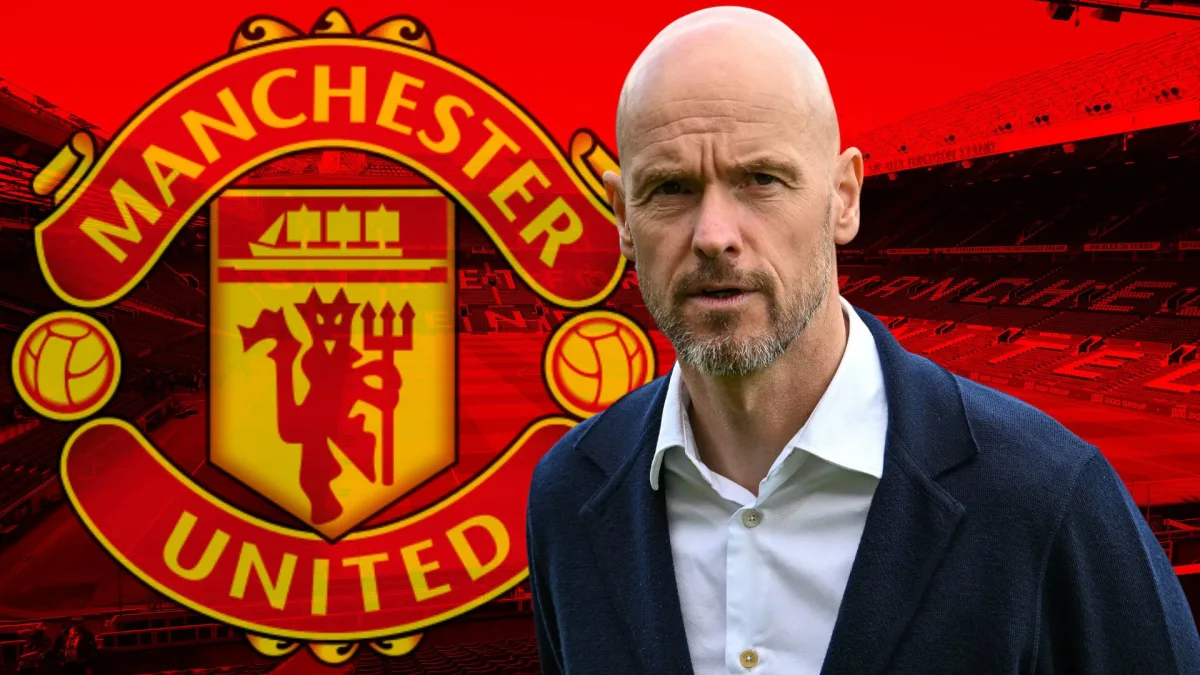 Erik ten Hag and the Manchester United badge, on a background of a panorama of Old Trafford in red