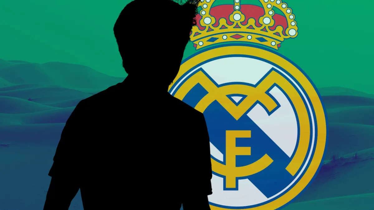 A silhouette of Takefusa Kubo next to the Real Madrid badge, set against a panorama of a desert with a green filter
