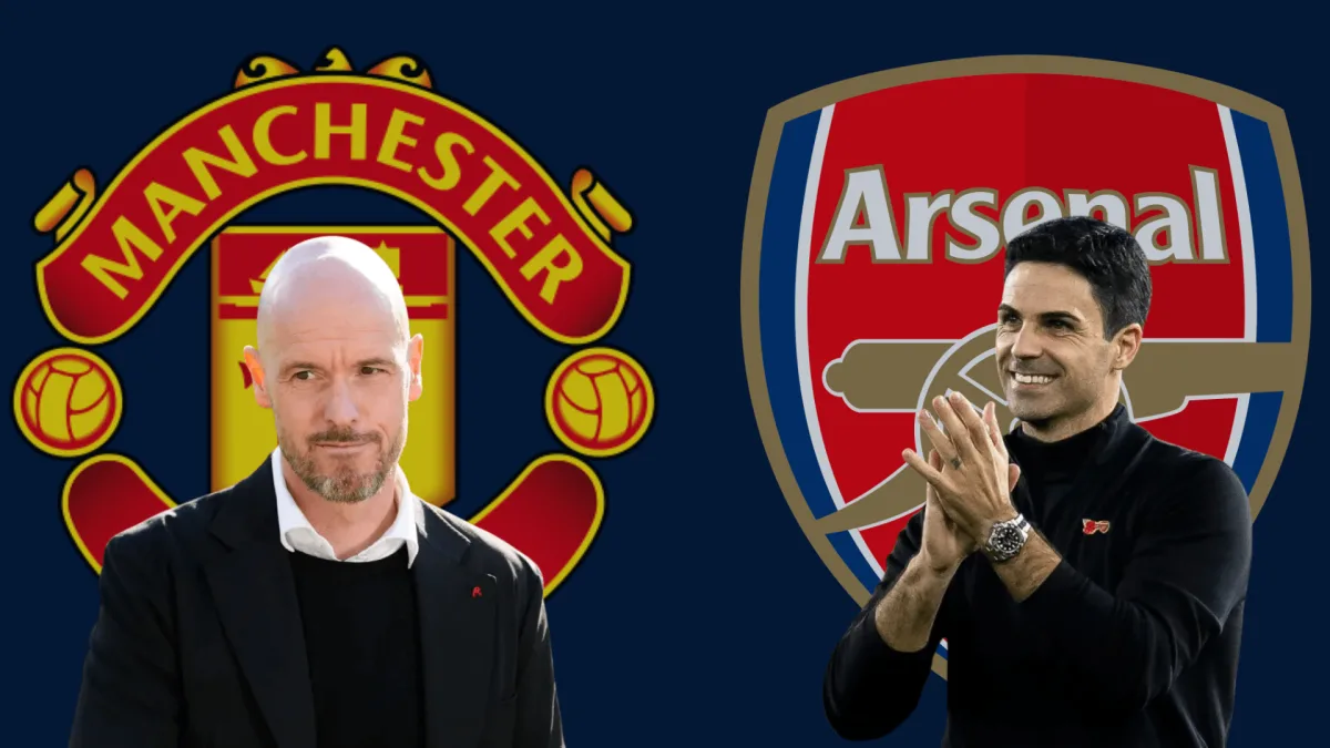 Erik ten Hag and Mikel Arteta in front of the Manchester United and Arsenal badges