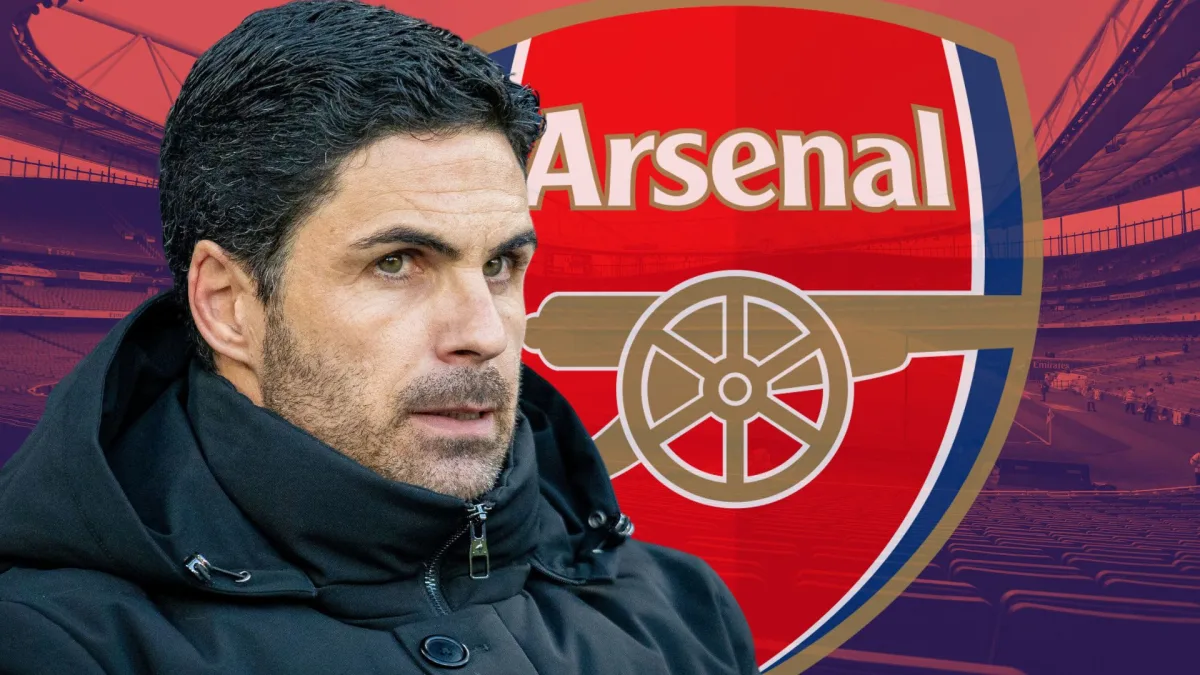 Headshot of Mikel Arteta with the Arsenal badge, against a backdrop of a panorama of the Emirates Stadium in red