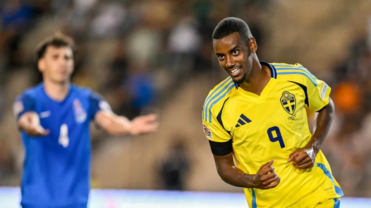 Newcastle striker Alexander Isak celebrates scoring a Nations League goal for Sweden against Azerbaijan