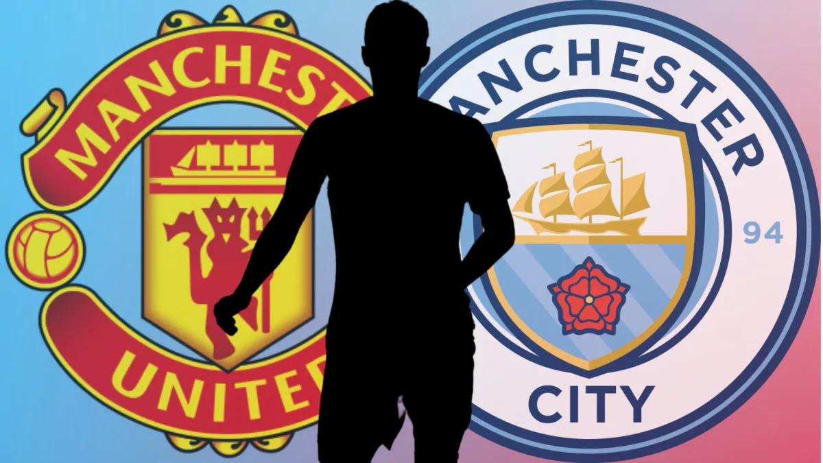 A black silhouette of Benjamin Pavard in front of the Manchester United and Manchester City badges, on a light blue and red abstract background