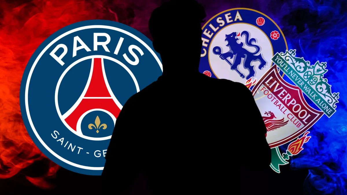 A silhouette of Gabri Veiga with the PSG, Chelsea and Liverpool badges on a red and blue abstract background