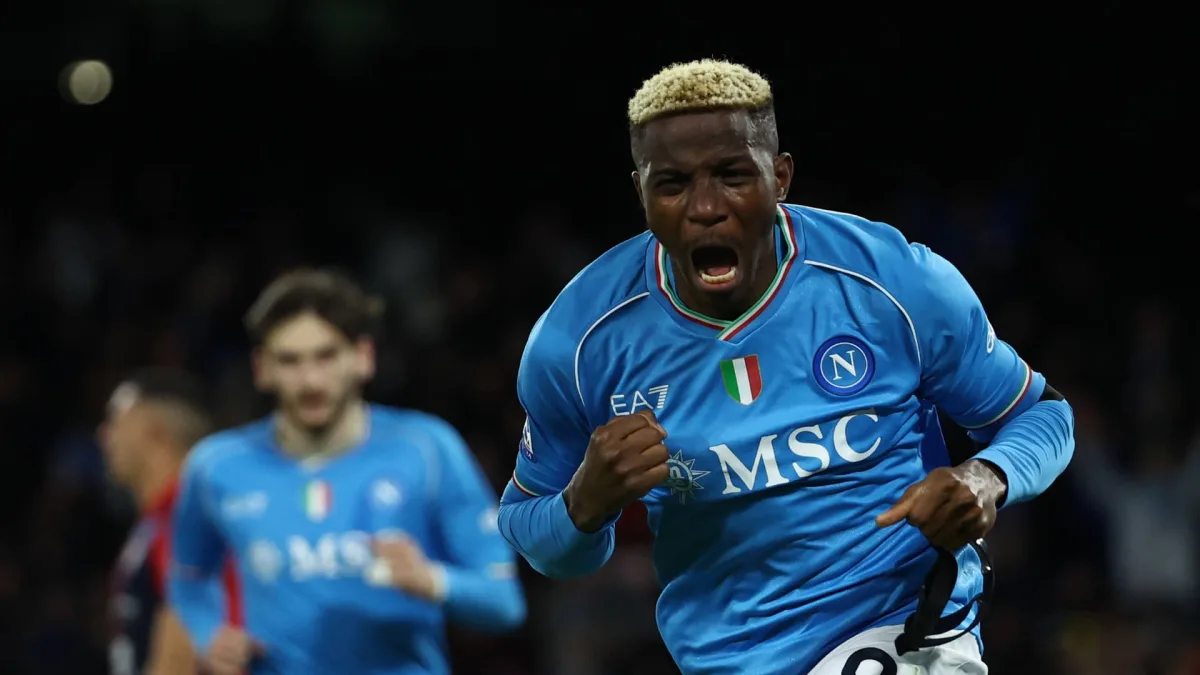 Victor Osimhen celebrates scoring for Napoli against Cagliari in Serie A